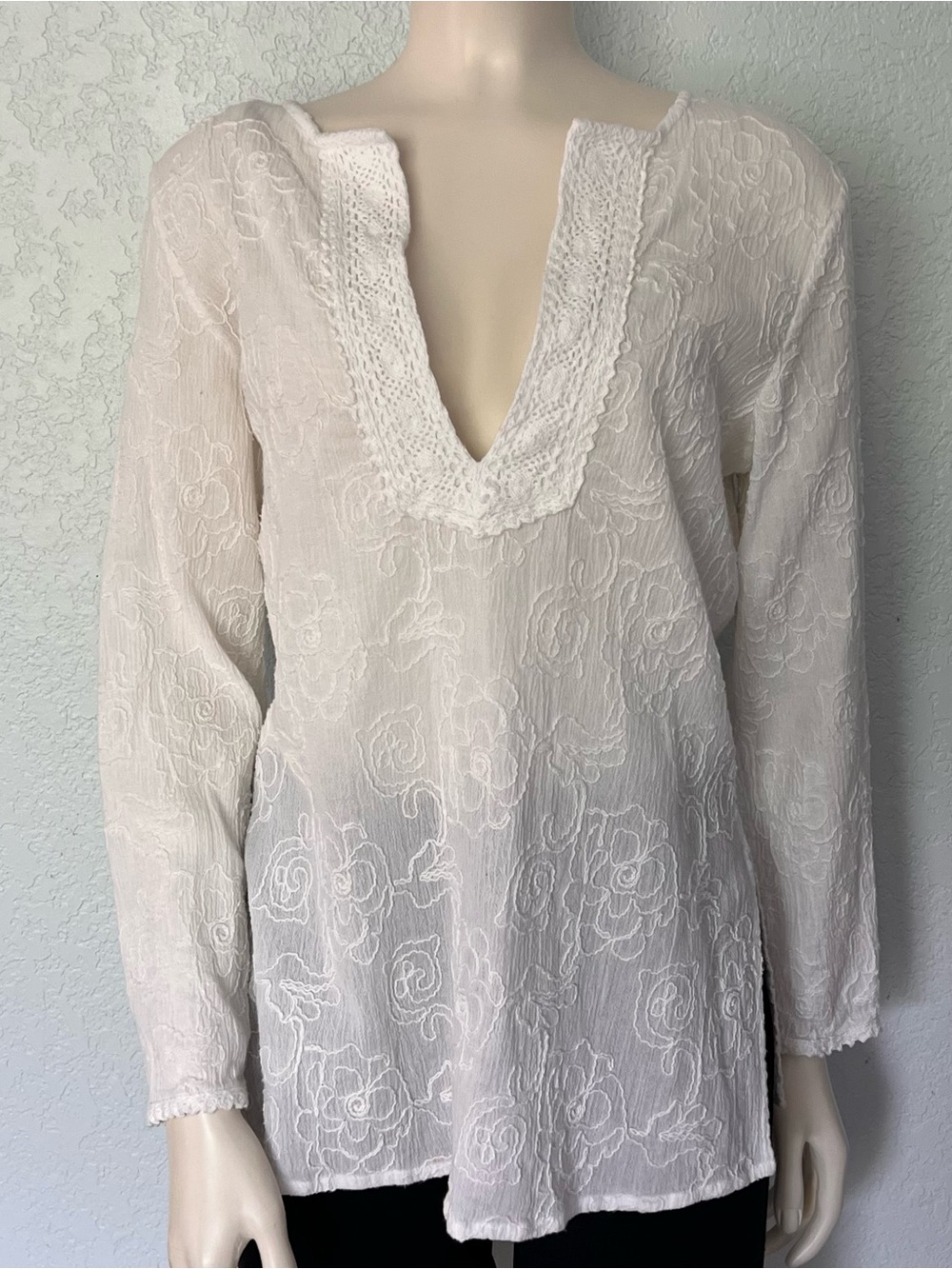 Chicos White Boho Floral Textured Long Sleeve Tunic Top Womens 1 Medium Crochet